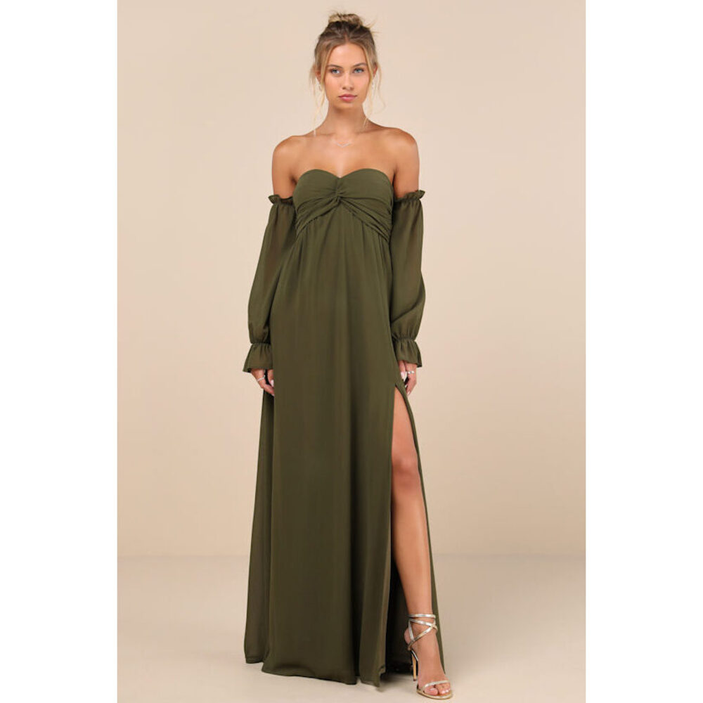Lulus Glorious Invite Olive Green Knotted Off-the-shoulder Maxi Dress - Size S